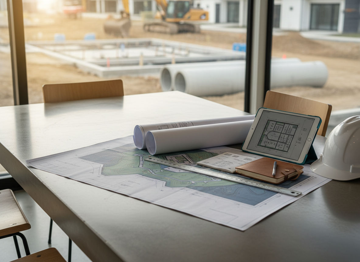 Development consulting workspace with site plans, technical drawings, a tablet, and construction site in the background.