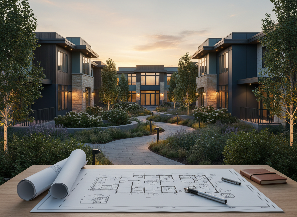 Modern multifamily residential development at sunset with site plans in the foreground.