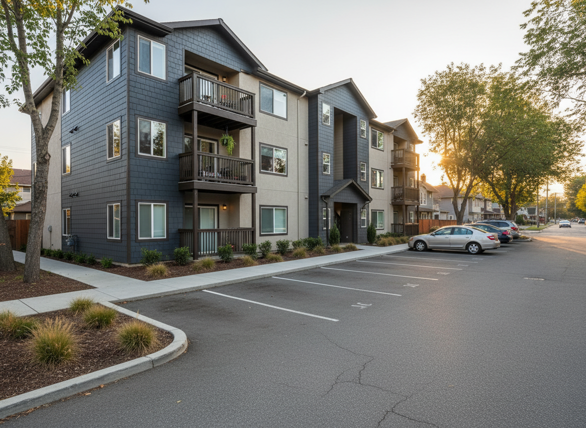 Well-maintained multifamily apartment property with landscaped grounds and parking at golden hour.