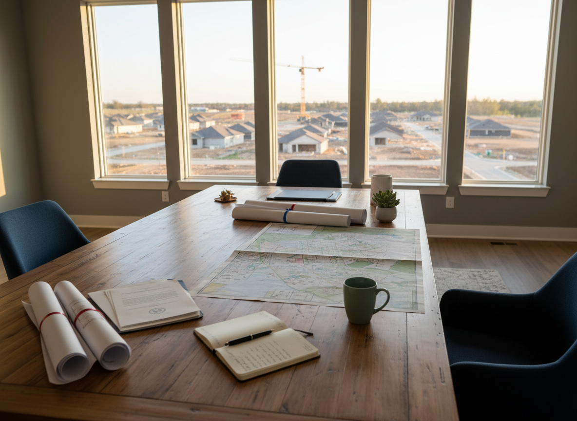 Real estate and development strategy workspace with plans and project documents overlooking a residential development.